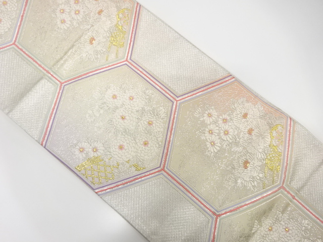 佐賀錦亀甲に牡丹・菊模様織出し袋帯